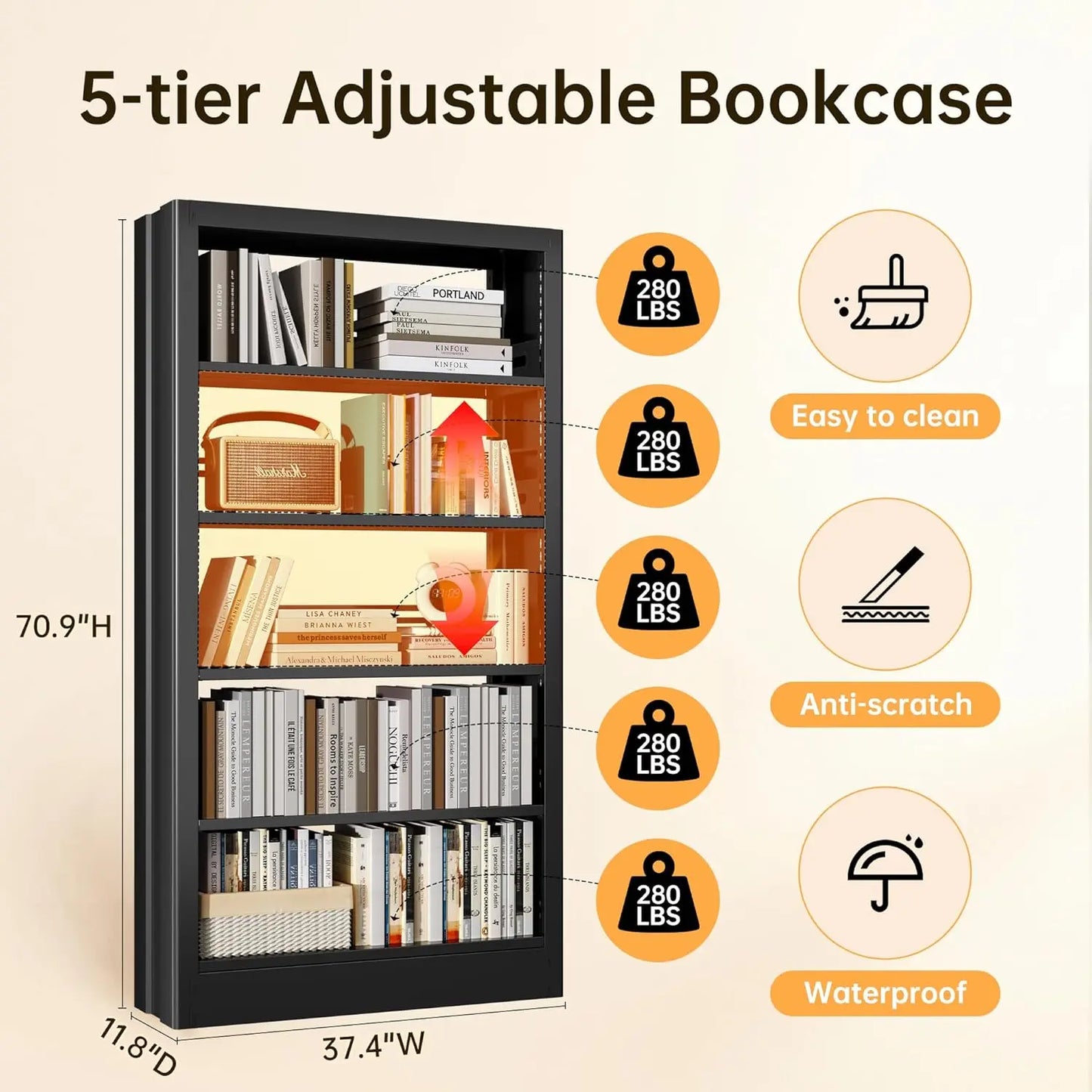 Five Tier Bookcase With Adjustable Shelves Heavy Duty Wood Bookshelf