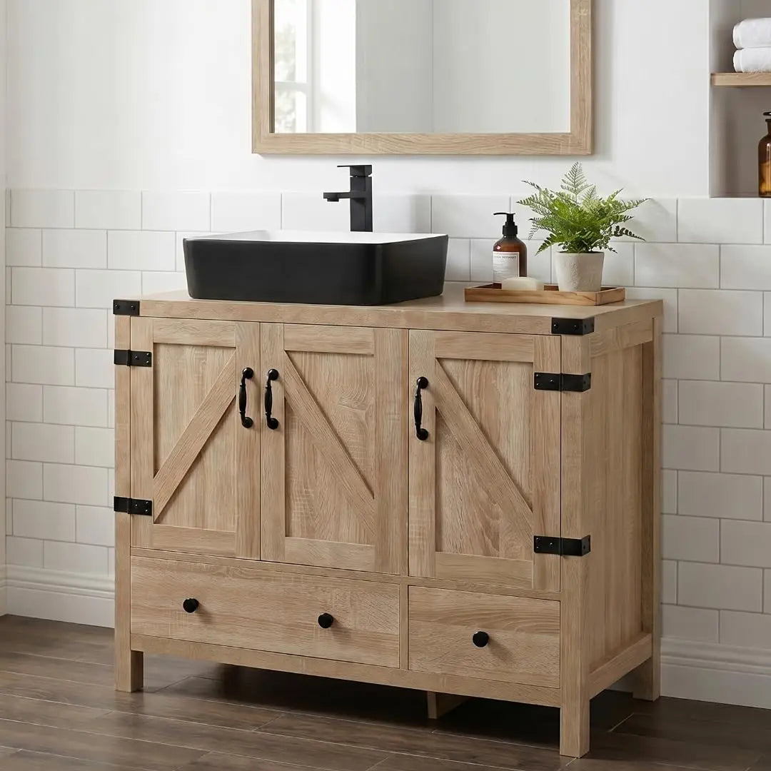 Minimalist Engineered Wood Bathroom Vanity With White Ceramic Sink
