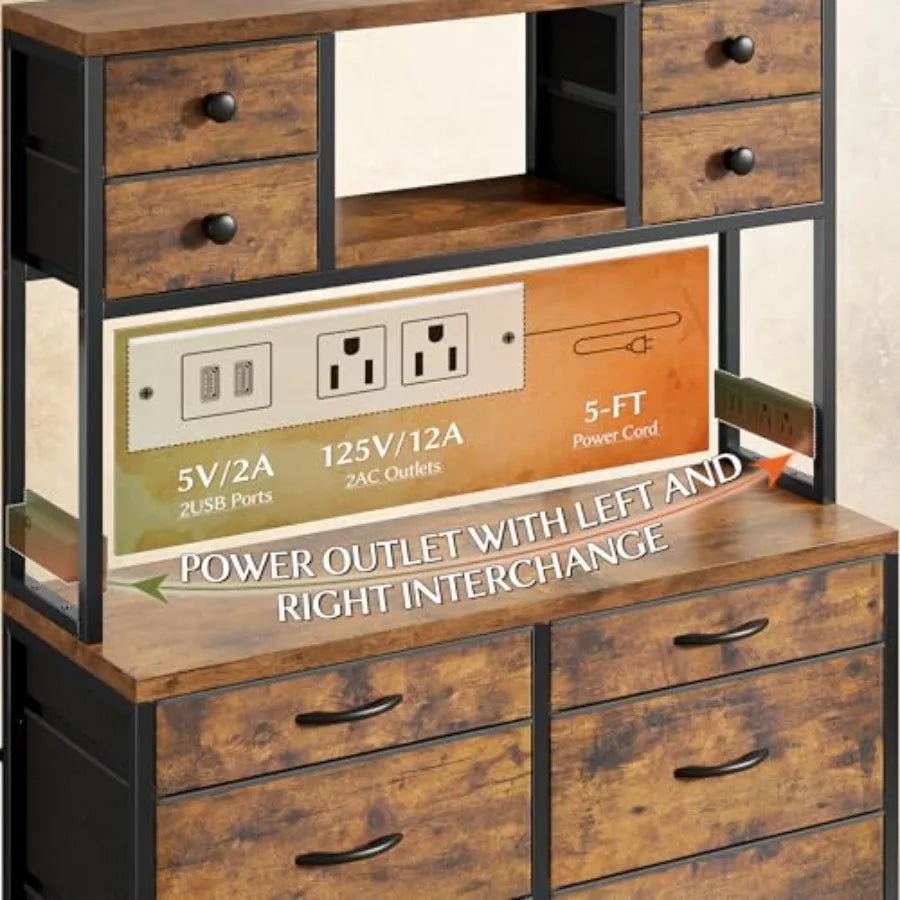 Rustic Bamboo Bedroom Dresser With LED Lights And Charging Station