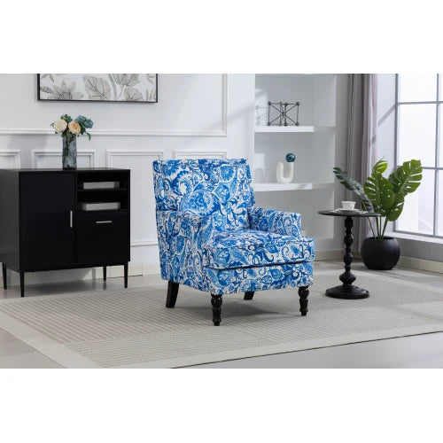 Upholstered Accent Chair Vintage Armchair With Porcelain Print Linen Fabric