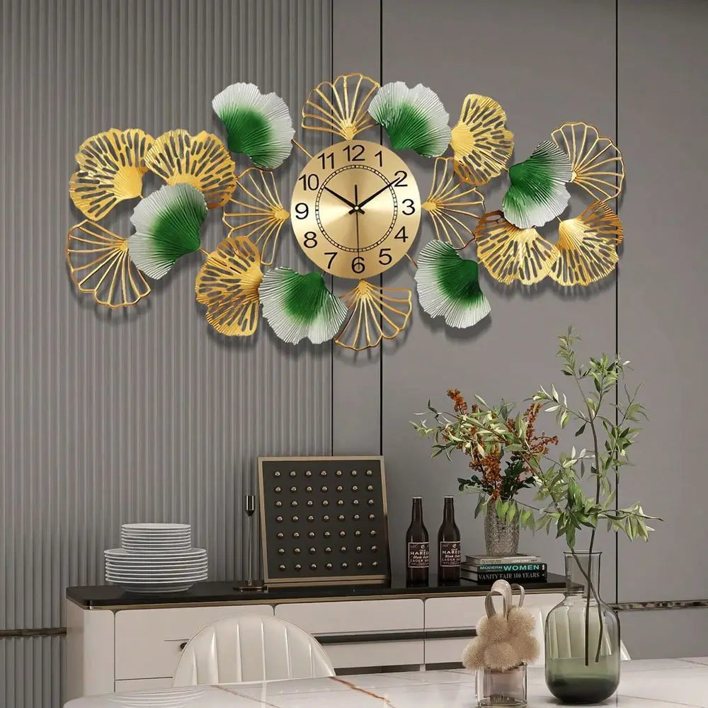 Ginkgo Leaf Silent Wall Clock 3D Metal Design Home Office