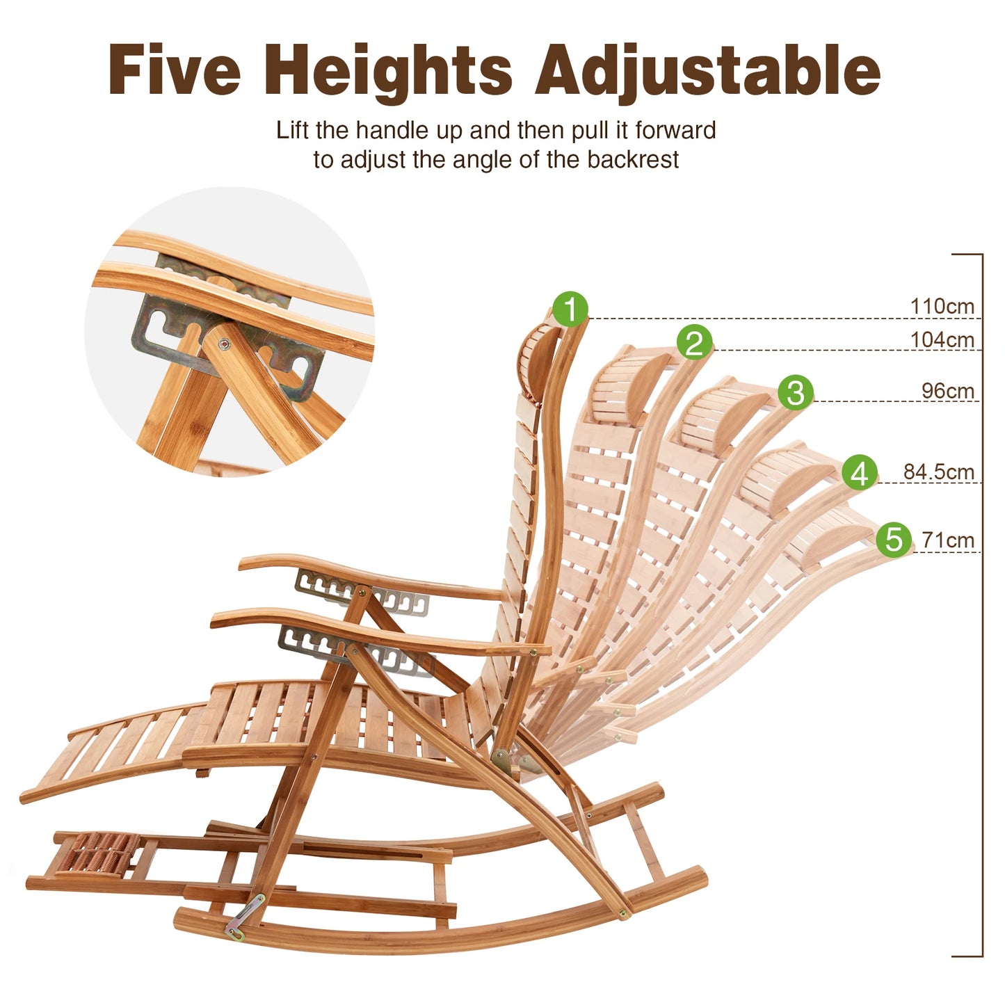 Heavy Duty Folding Rocking Chairs Bamboo Adjustable Indoor Outdoor Use
