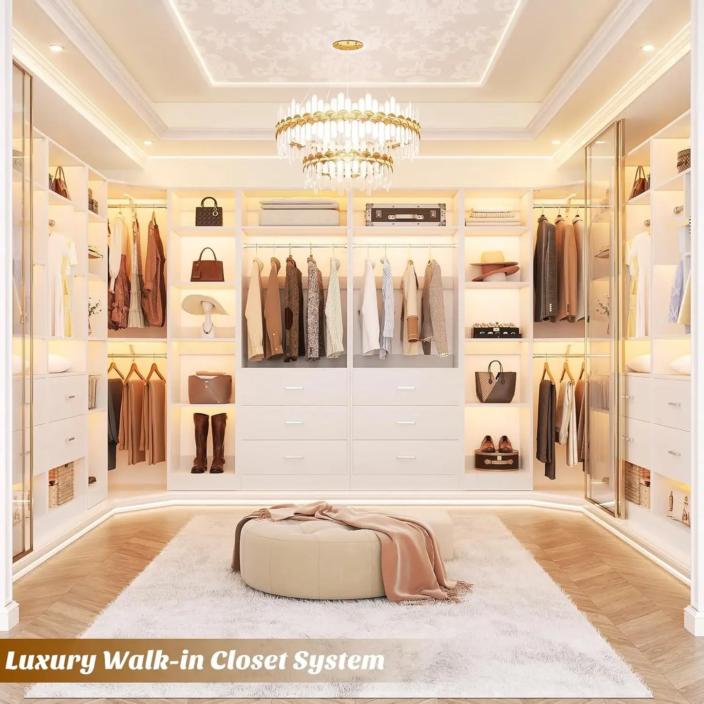 Corner Closet System With 3 Drawers, Shelves And Hanging Rods