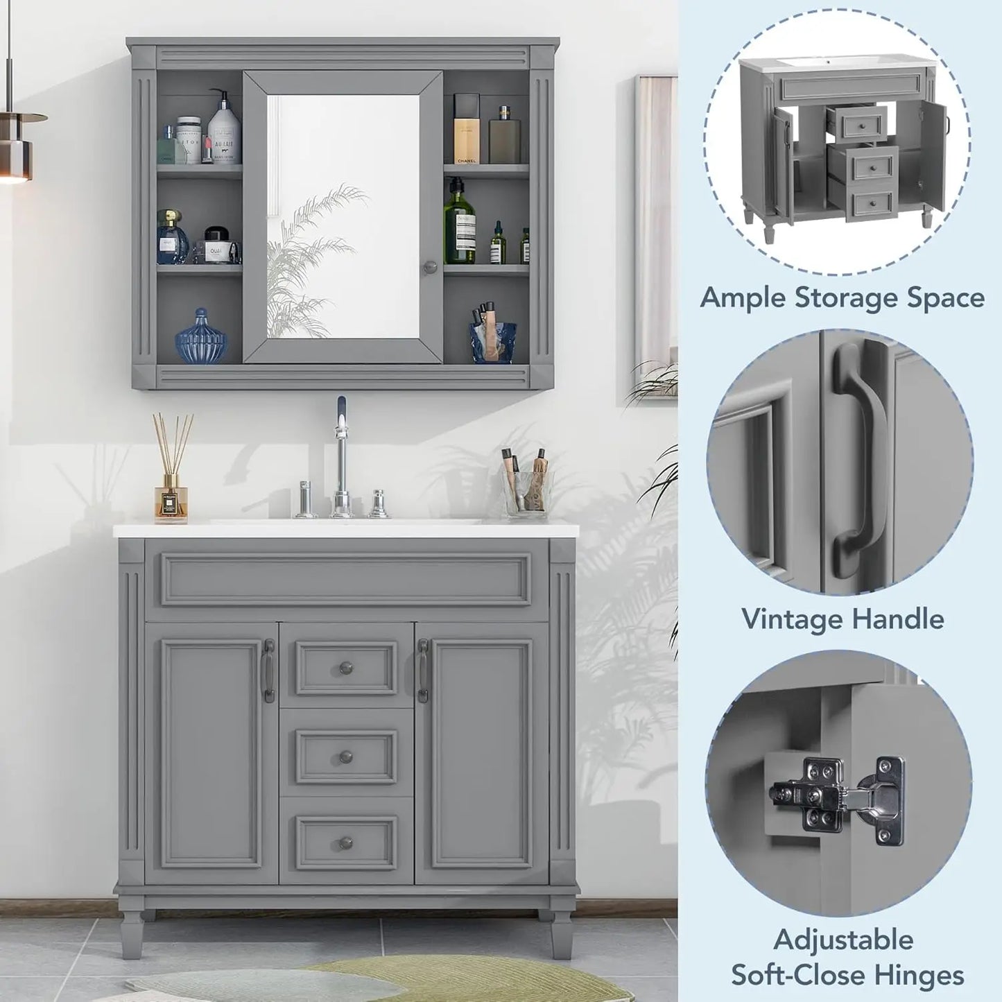Modern Bathroom Vanity With Mirror Cabinet And Soft Closing Doors