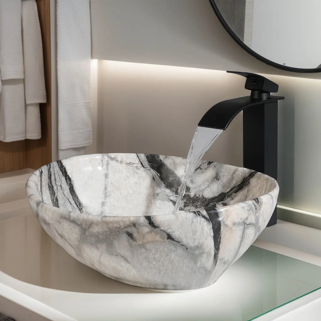 MEKKHALA Marble Pattern Ceramic Bathroom Vessel Sink Set Shape Basin