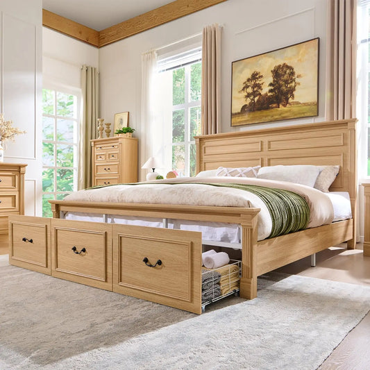 Farmhouse Bed Frame With Storage Drawers Wood Platform