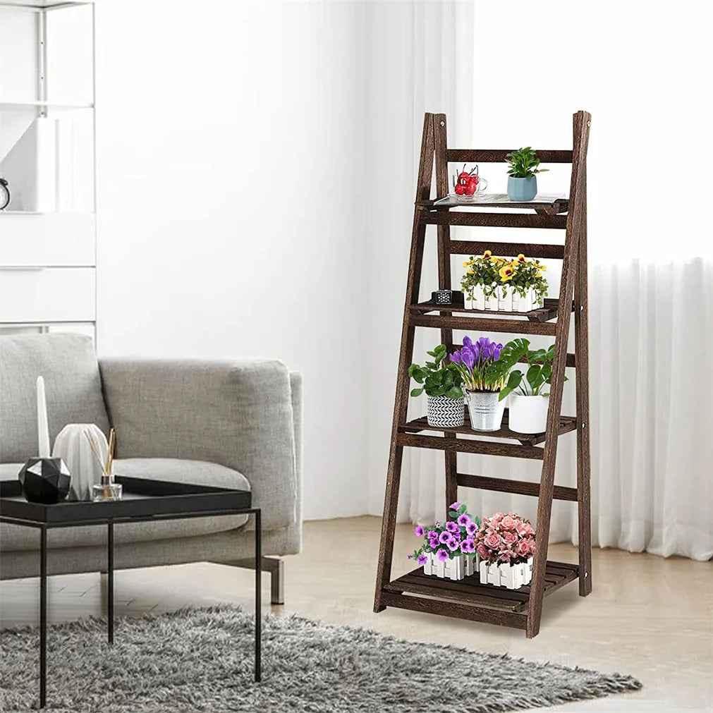 Folding 4 Tier Ladder Shelf Storage Unit Wooden Bookcase Rack