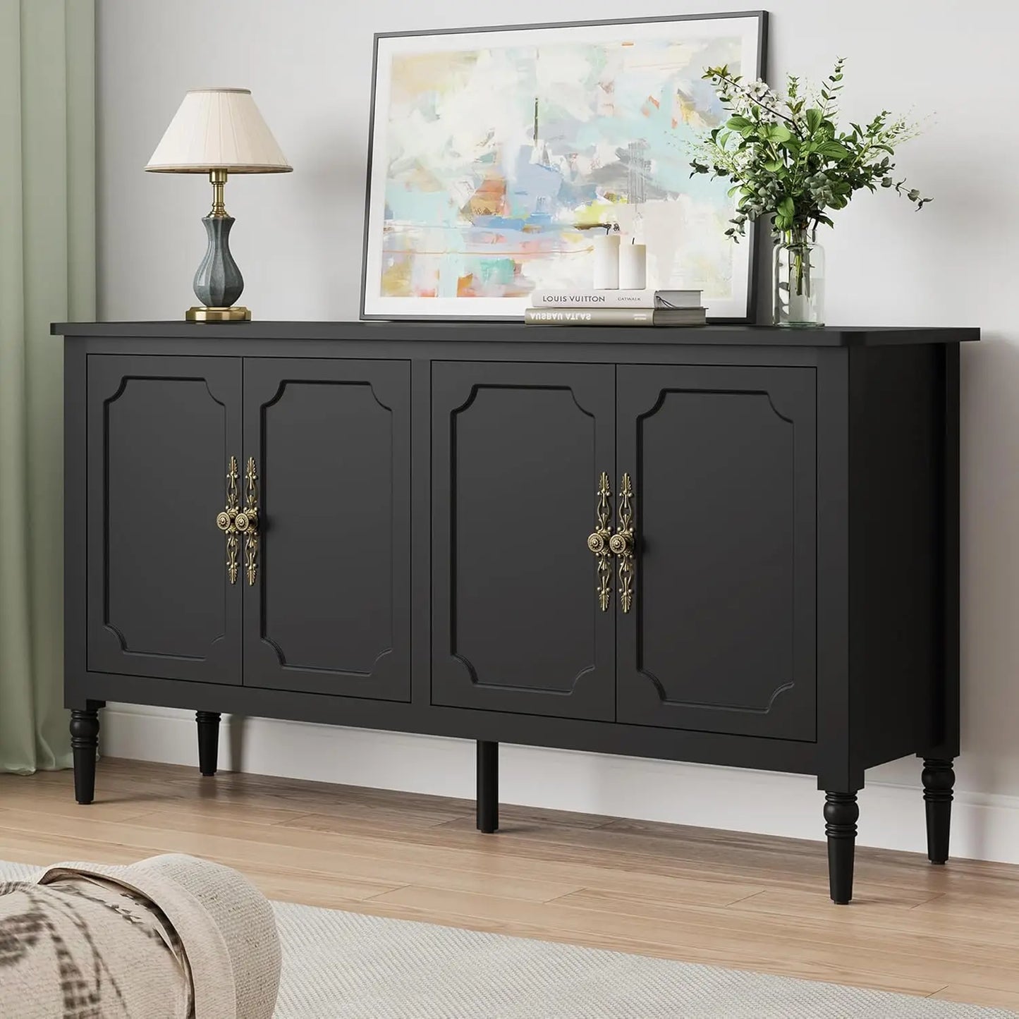 Modern Sideboard Buffet Cabinet With Adjustable Shelves And Carved Handle