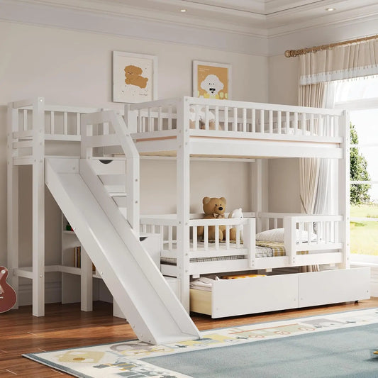 Twin Over Twin Bunk Bed With Slide Storage Drawers Staircase