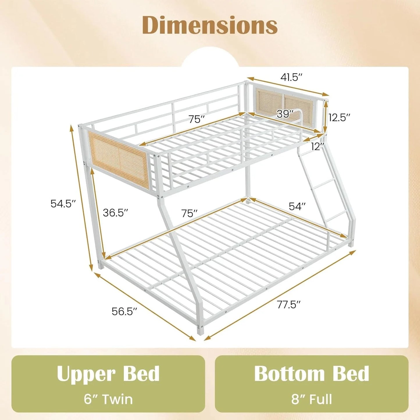 Metal Bunk Bed With Ladder And Guardrails Boho Rattan Style