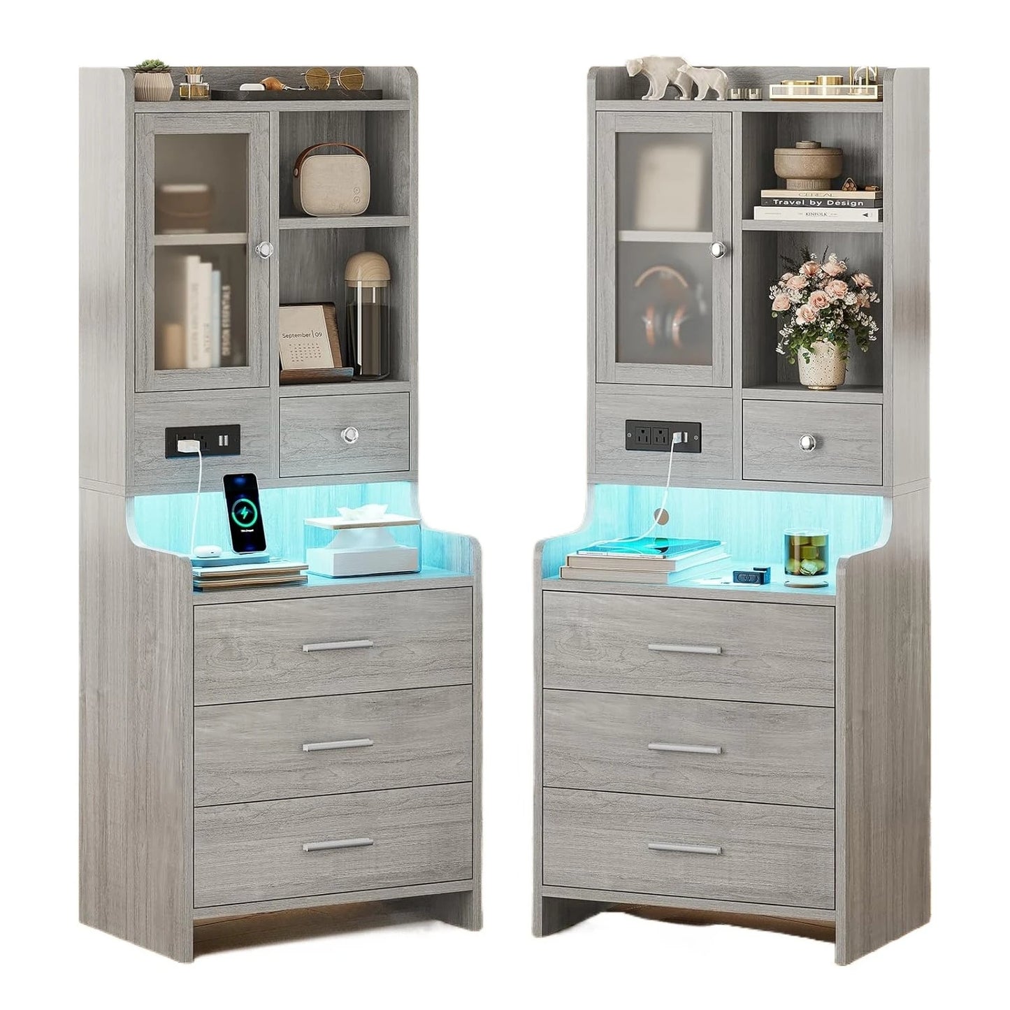 Frame Nightstand Set Of 2 With Charging Station And Bookshelf