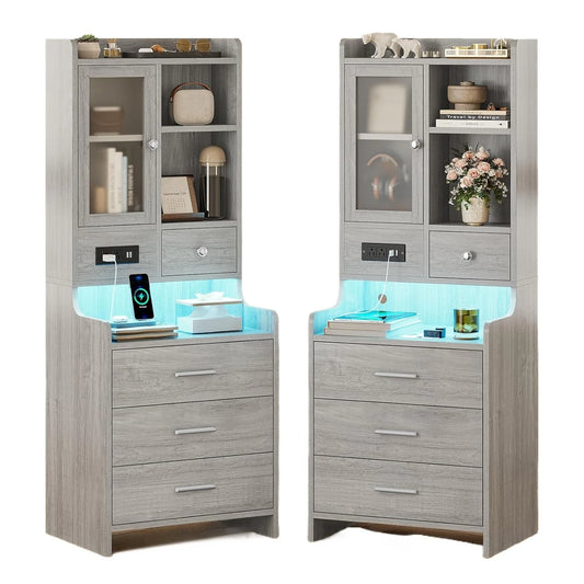Frame Nightstand Set Of 2 With Charging Station And Bookshelf