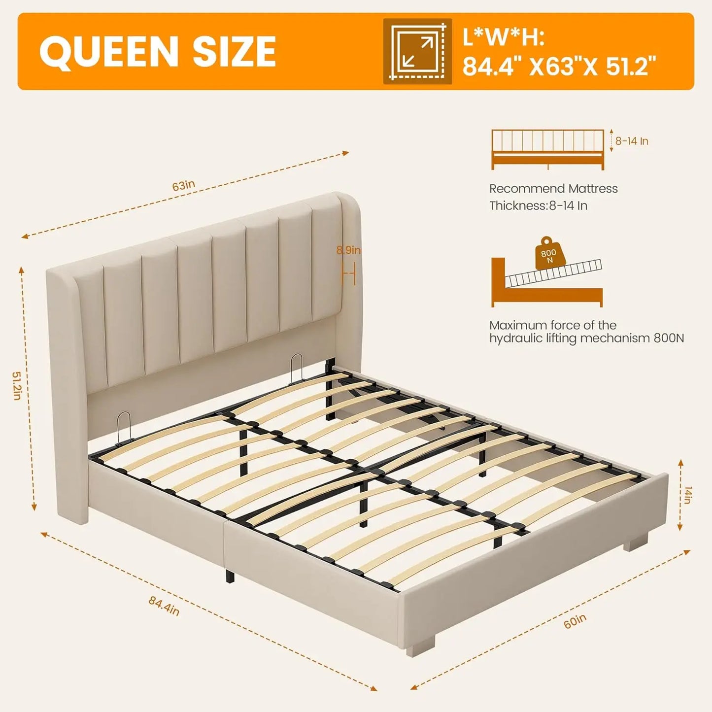 Lift Up Storage Bed Frame With Velvet Wingback Headboard