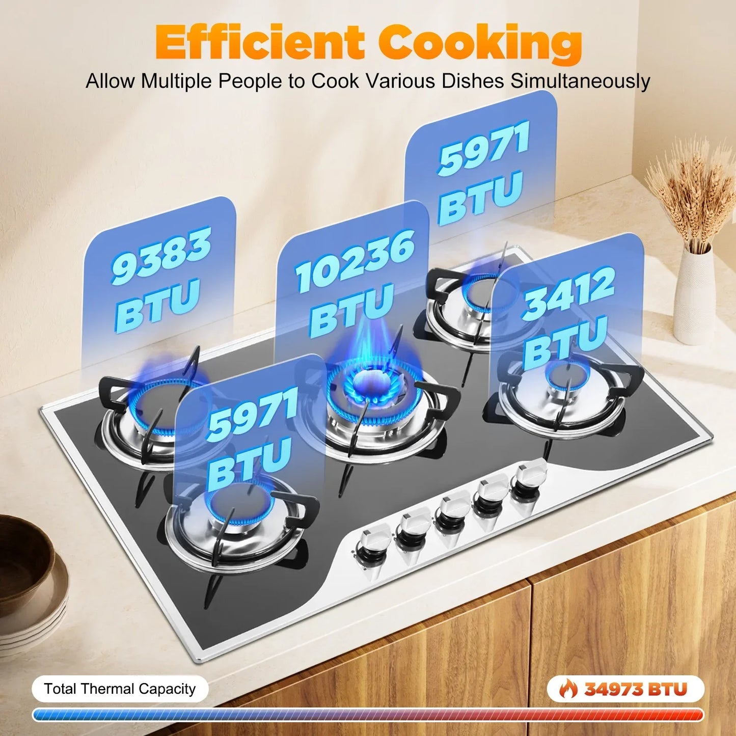 Five Burner Electronic Pulse Ignition Gas Cooktop Countertop Stove