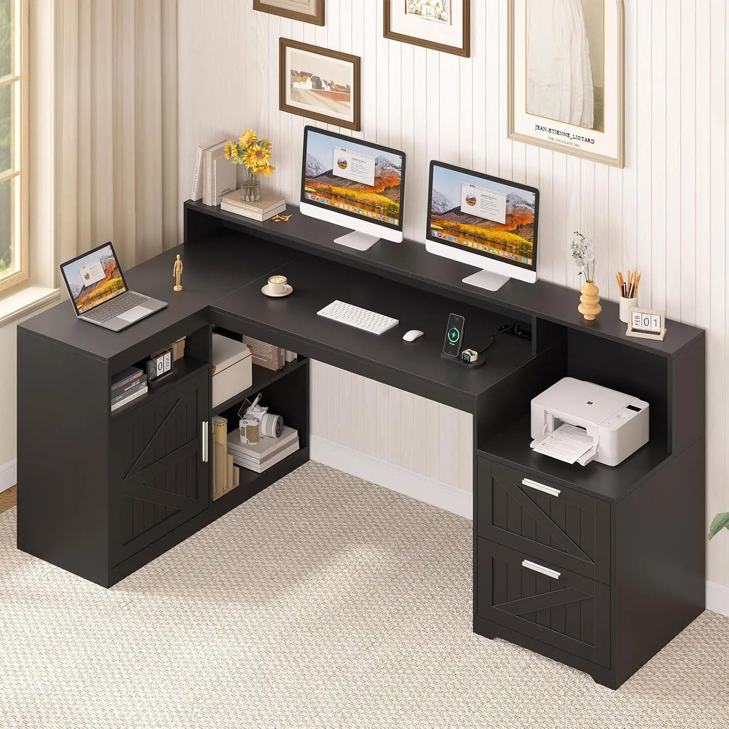 Farmhouse L Shaped Desk With Storage Shelves And Power Outlet