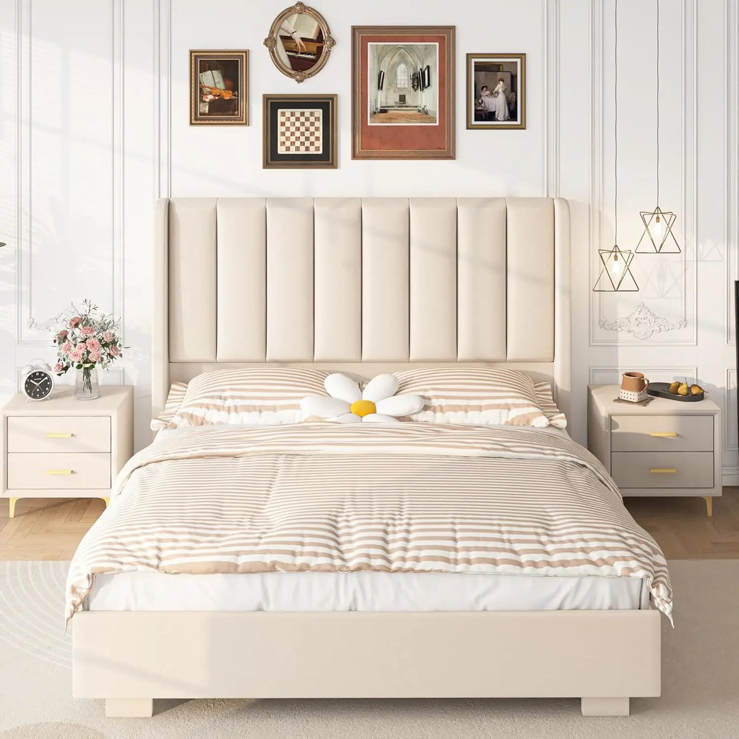 Lift Up Storage Bed Frame With Velvet Wingback Headboard