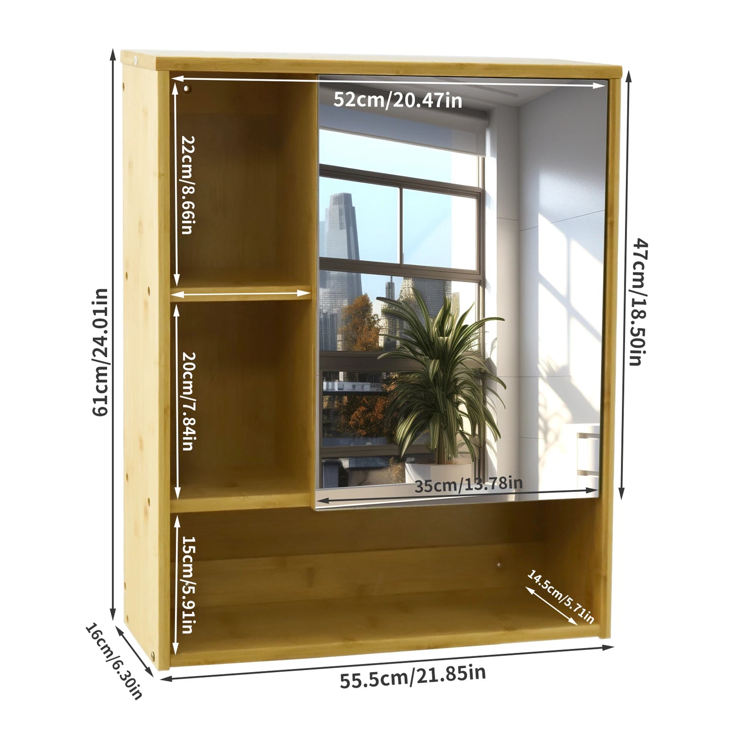 Wall Mounted Bamboo Medicine Cabinet Five Shelves Bathroom Vanity Mirror