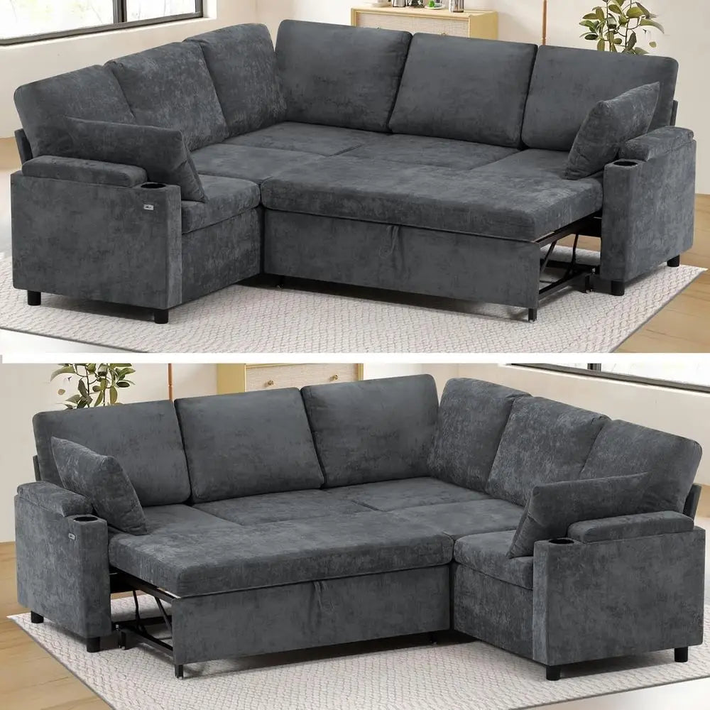 Chenille Reversible Sectional Sofa With Pull Out Bed And USB