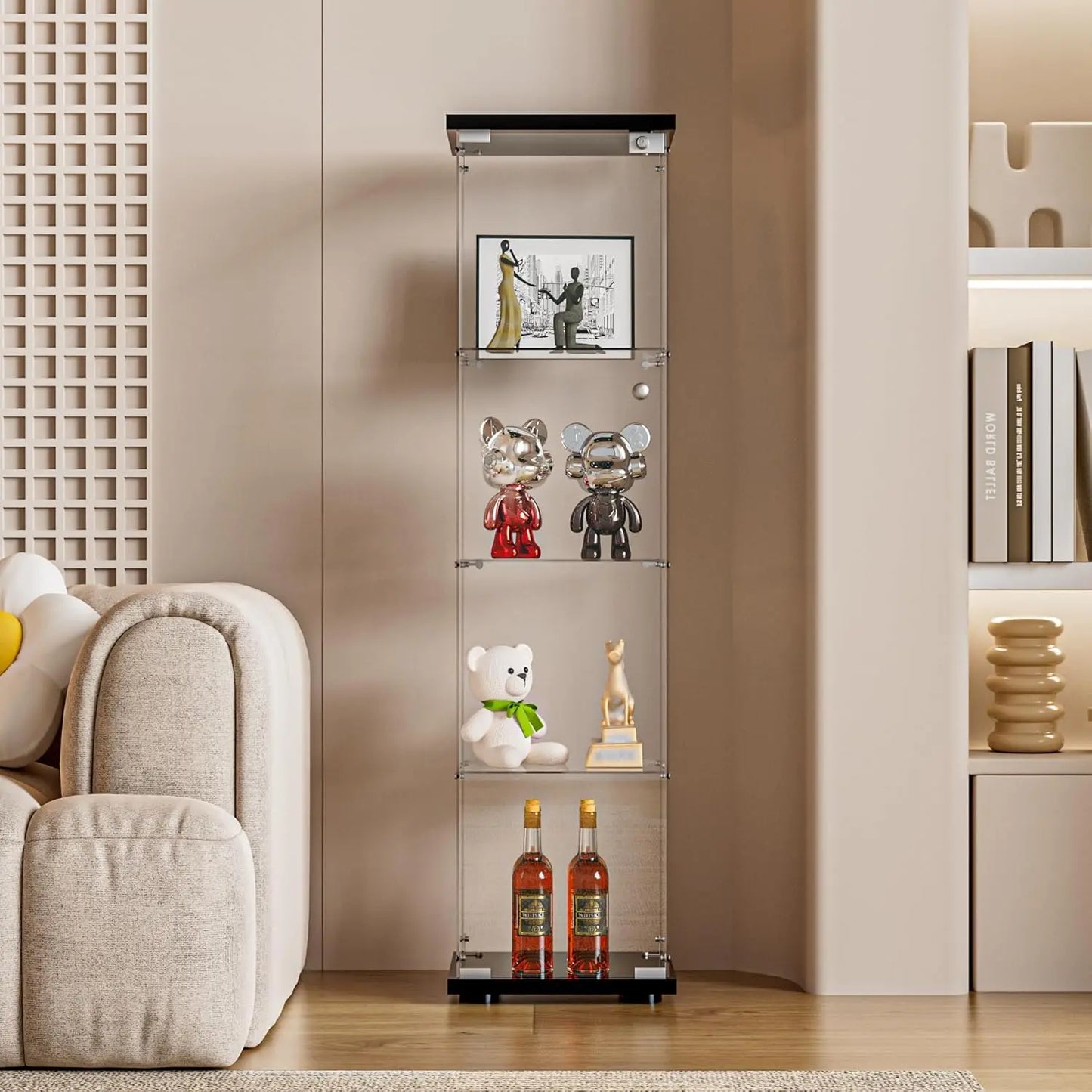 Glass Display Cabinet With Door And Lock 4 Shelf Curio