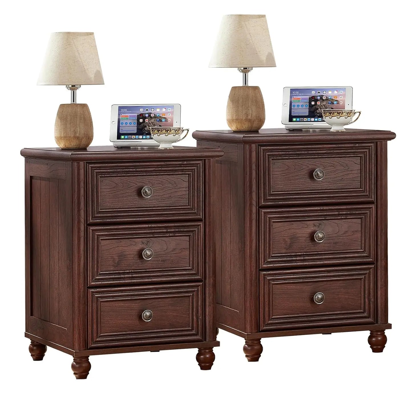 Walnut Farmhouse Nightstands With 3 Drawers Bedside Tables