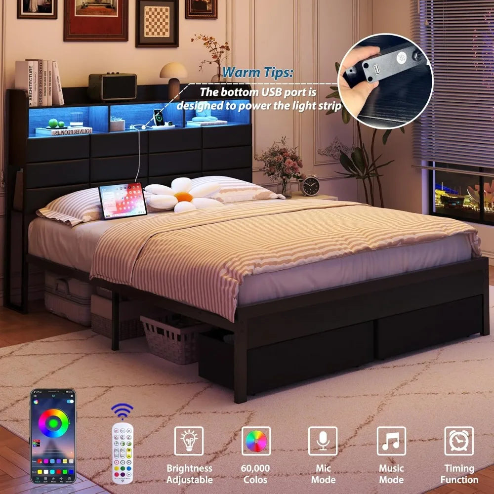 Bed Frame With Storage Headboard And Four Drawers With Charging