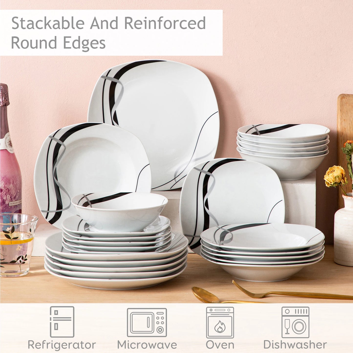 MALACASA Fiona Porcelain Dinnerware Set With Dinner Dessert Soup Plates