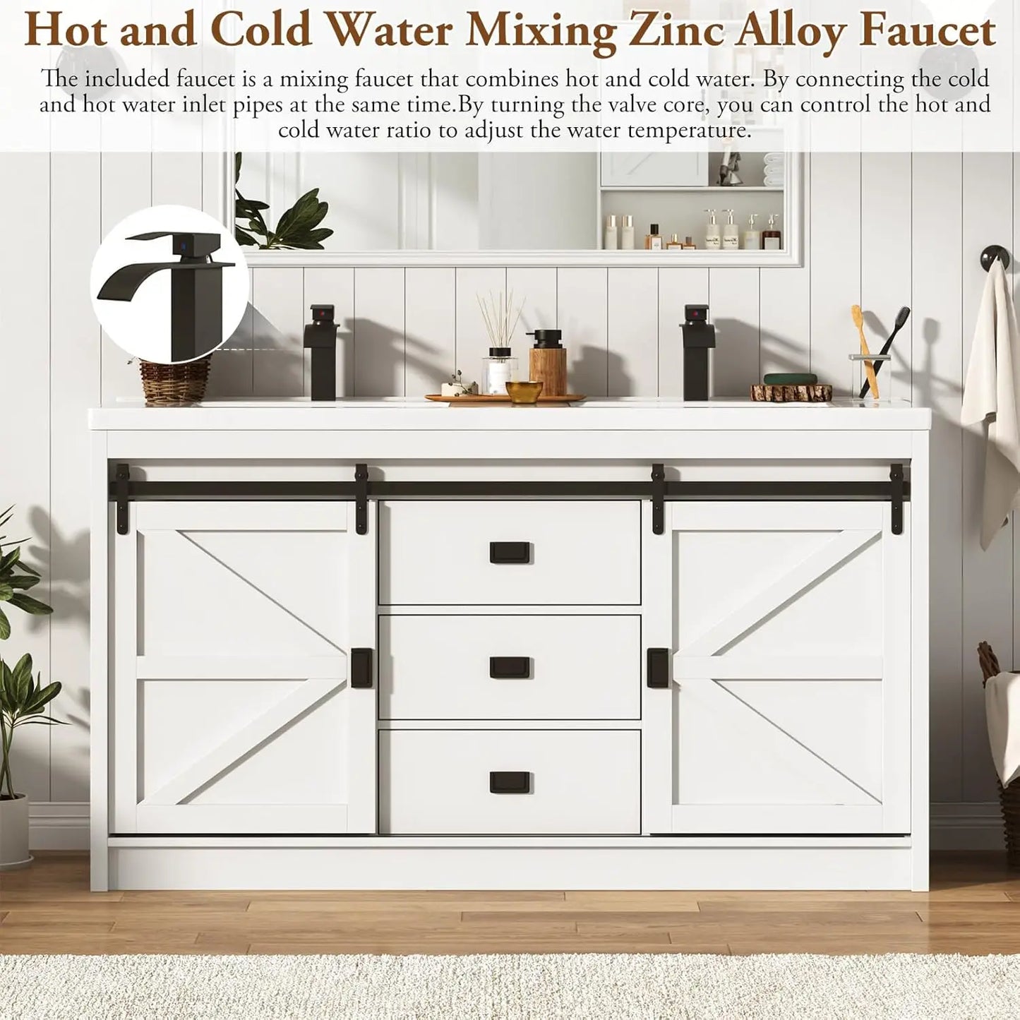 Double Farmhouse Bathroom Vanity Cabinet With Sink And Faucet