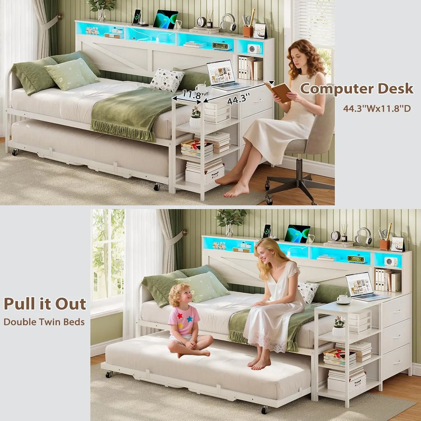 Daybed Twin With Pop Up Trundle Farmhouse Wooden Frame
