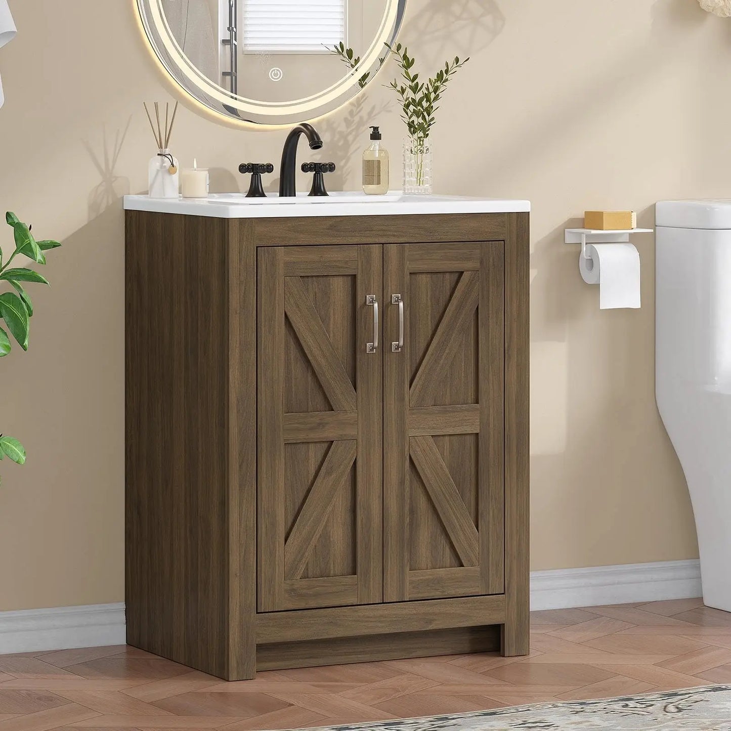 Farmhouse Bathroom Vanity With Sink Ceramic Basin Wood Cabinet