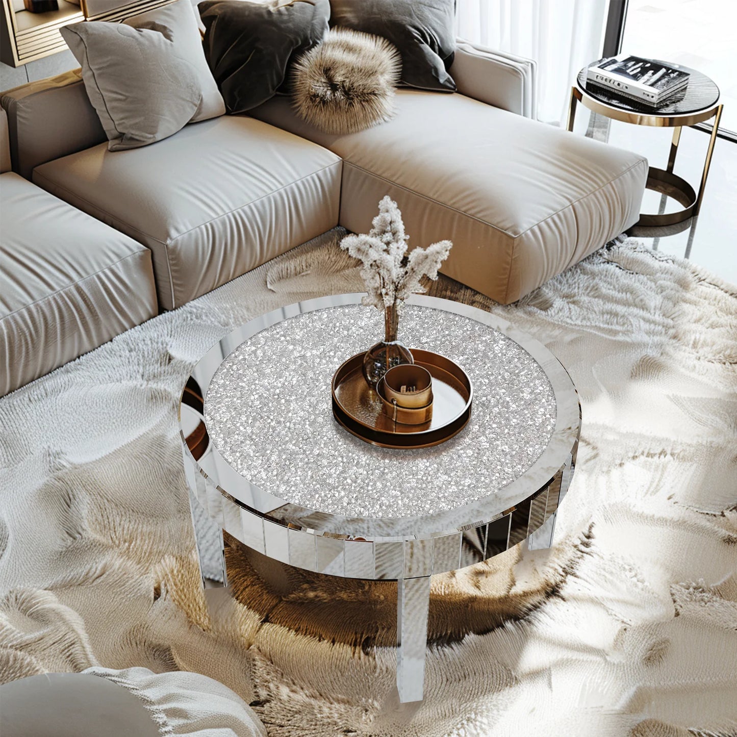 Mirrored Coffee Table With Crystal Inlay Modern Round Living Room
