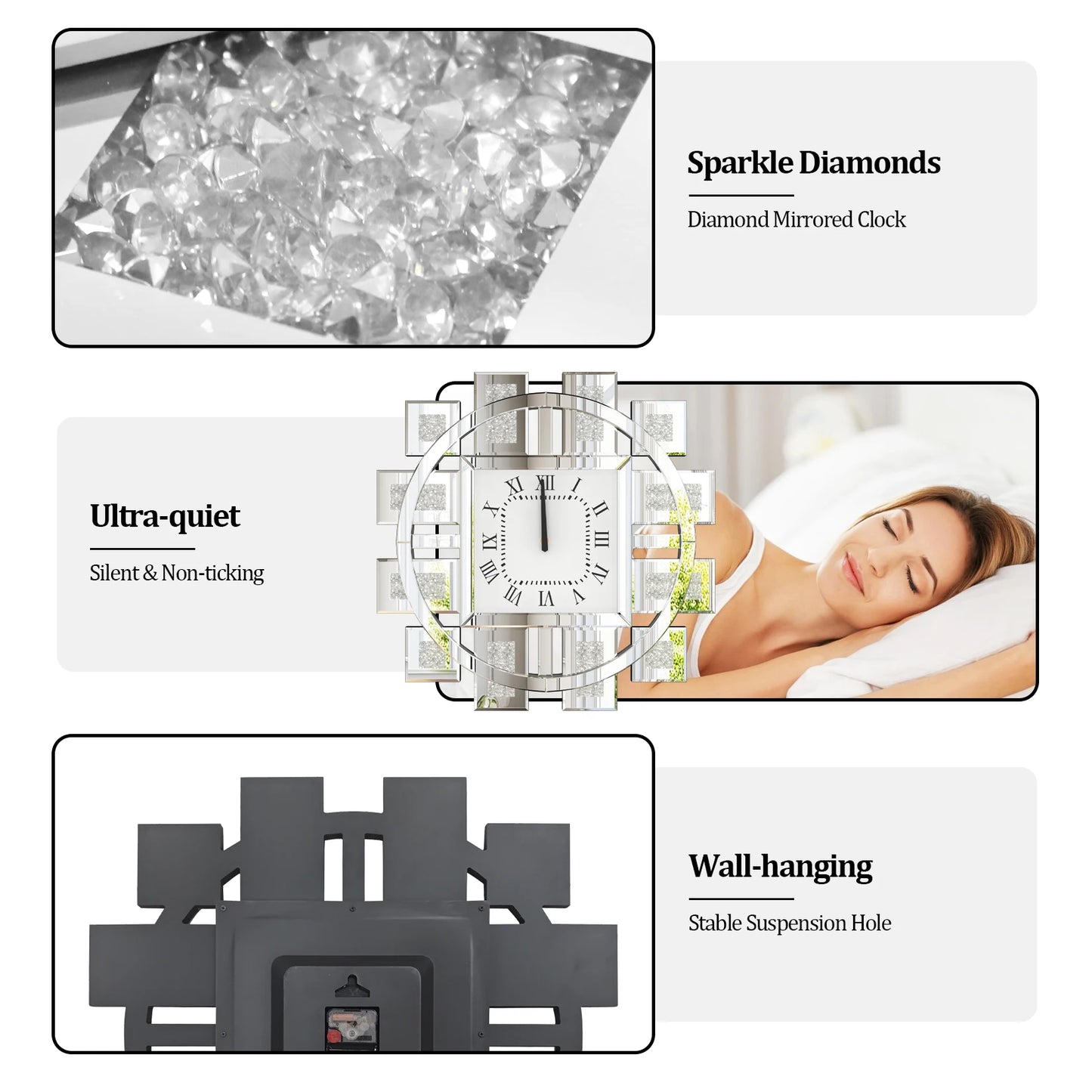 Irregular Diamond Mirrored Wall Clock Quartz With Roman Numerals