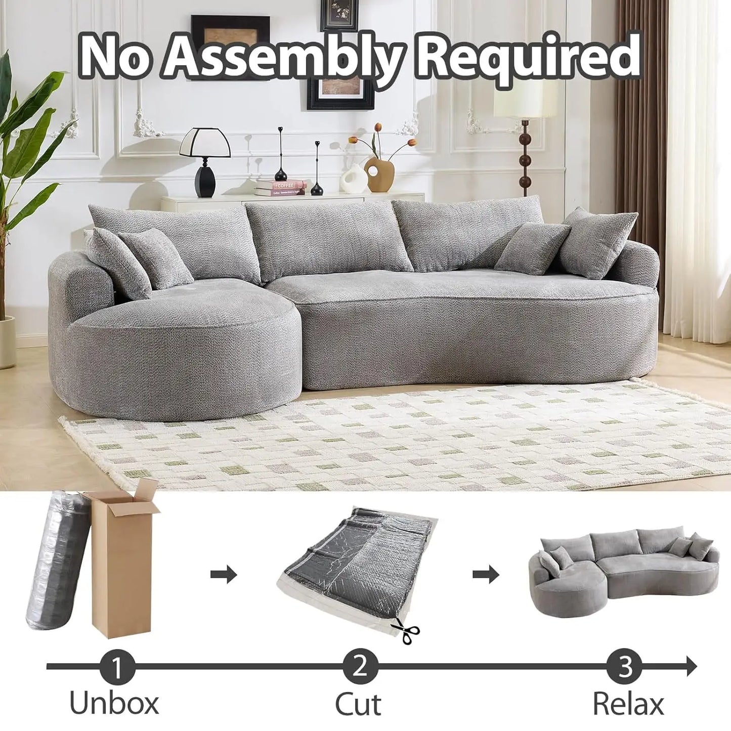 L-Shaped Boneless Sofa Sectional With Deep Seats and Pillows
