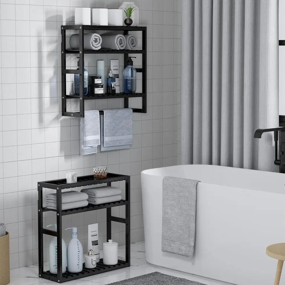 Adjustable Bamboo Over Toilet Storage Shelf With Towel Bar