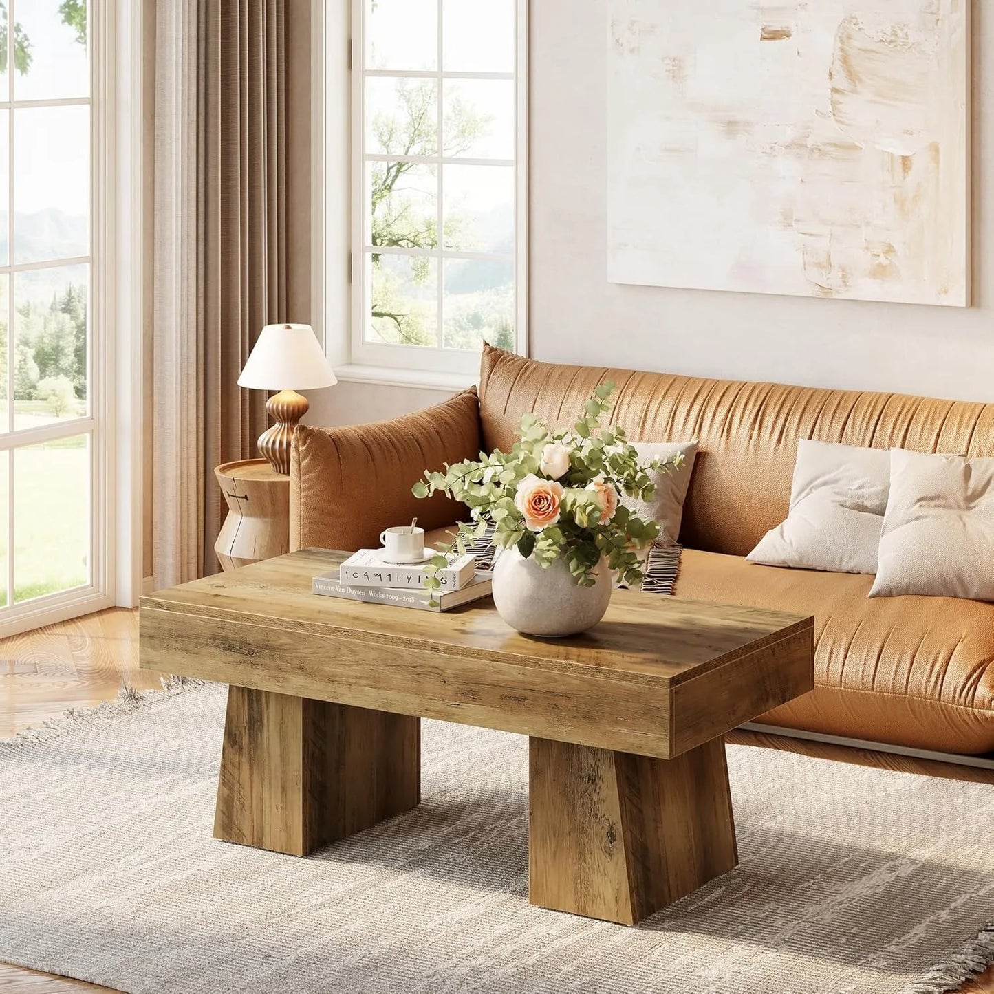 Little Tree Farmhouse Coffee Table Wooden Rectangular Center Table
