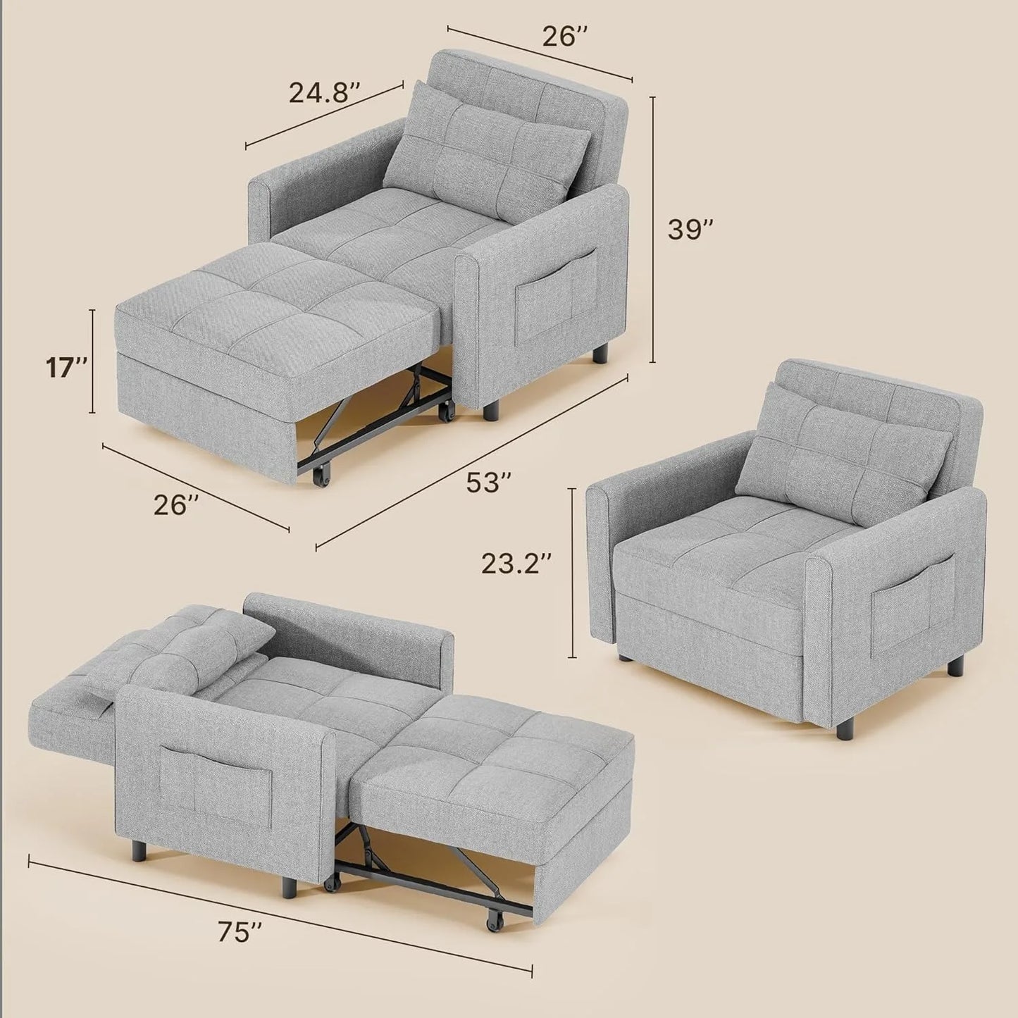 XIUWO Convertible 3 In 1 Sleeper Chair Bed Sofa Wood