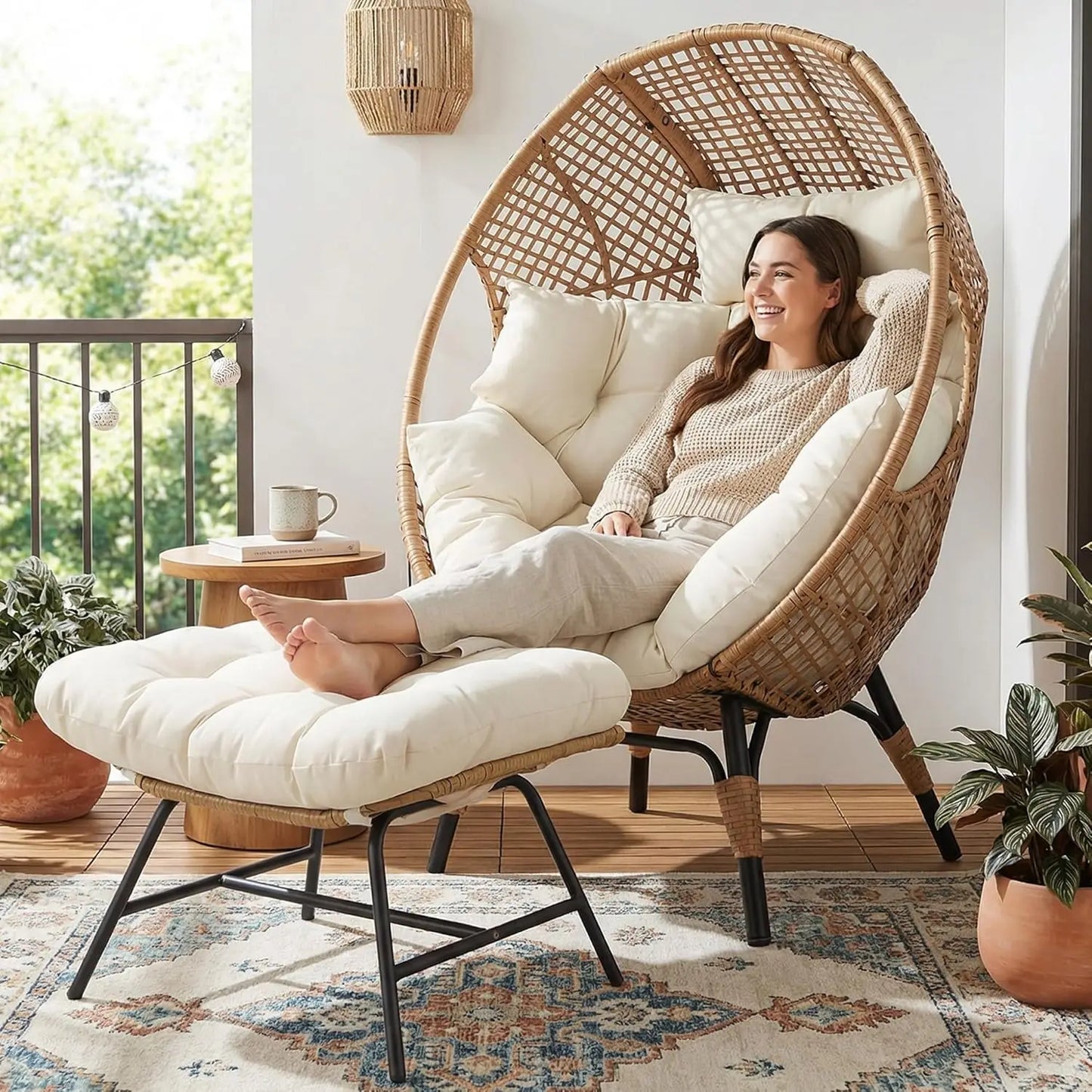 Indoor Outdoor Egg Chair With Ottoman Cushioned Lounge For Patio