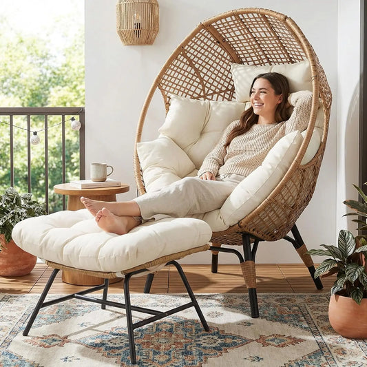 Indoor Outdoor Egg Chair With Ottoman Cushioned Lounge For Patio