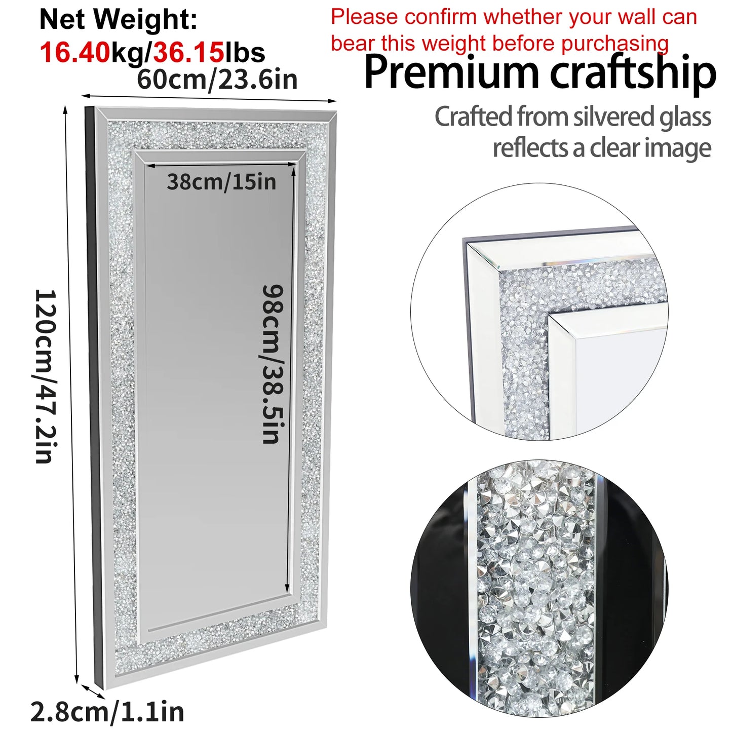 Crystal Crush Diamond Rectangle Wall Mirror For Bathroom And Living Room