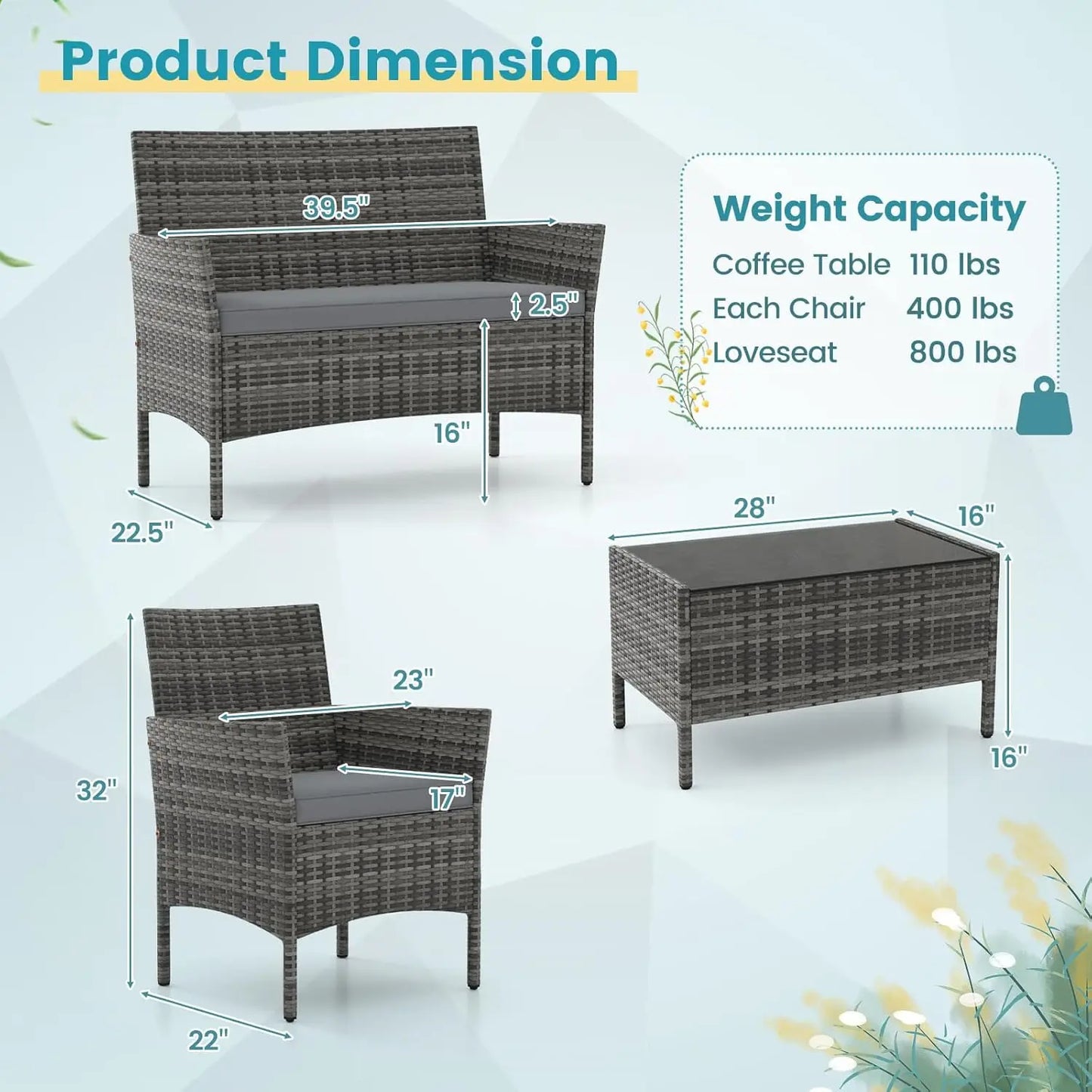 Rattan Outdoor Patio Conversation Set With Cushions And Glass Coffee Table
