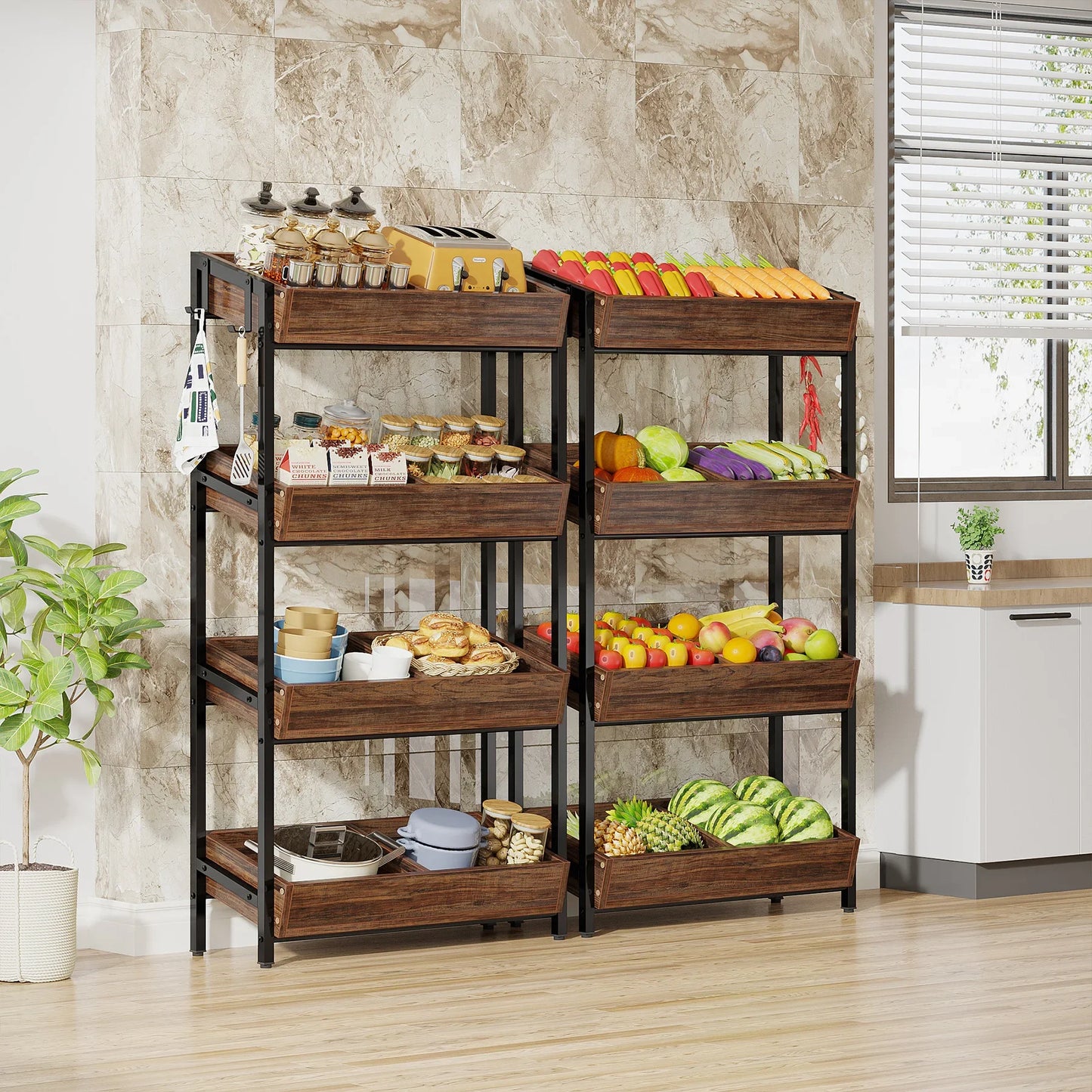 Tribesigns 4 Tier Wood Storage Shelves With Fruit And Vegetable Basket Stand