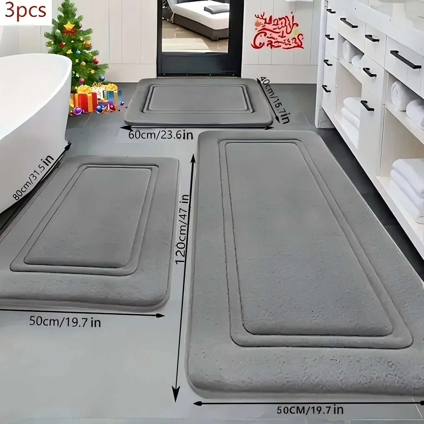 Three-Piece Absorbent Memory Foam Bath Mats Non-Slip Quick Dry Set