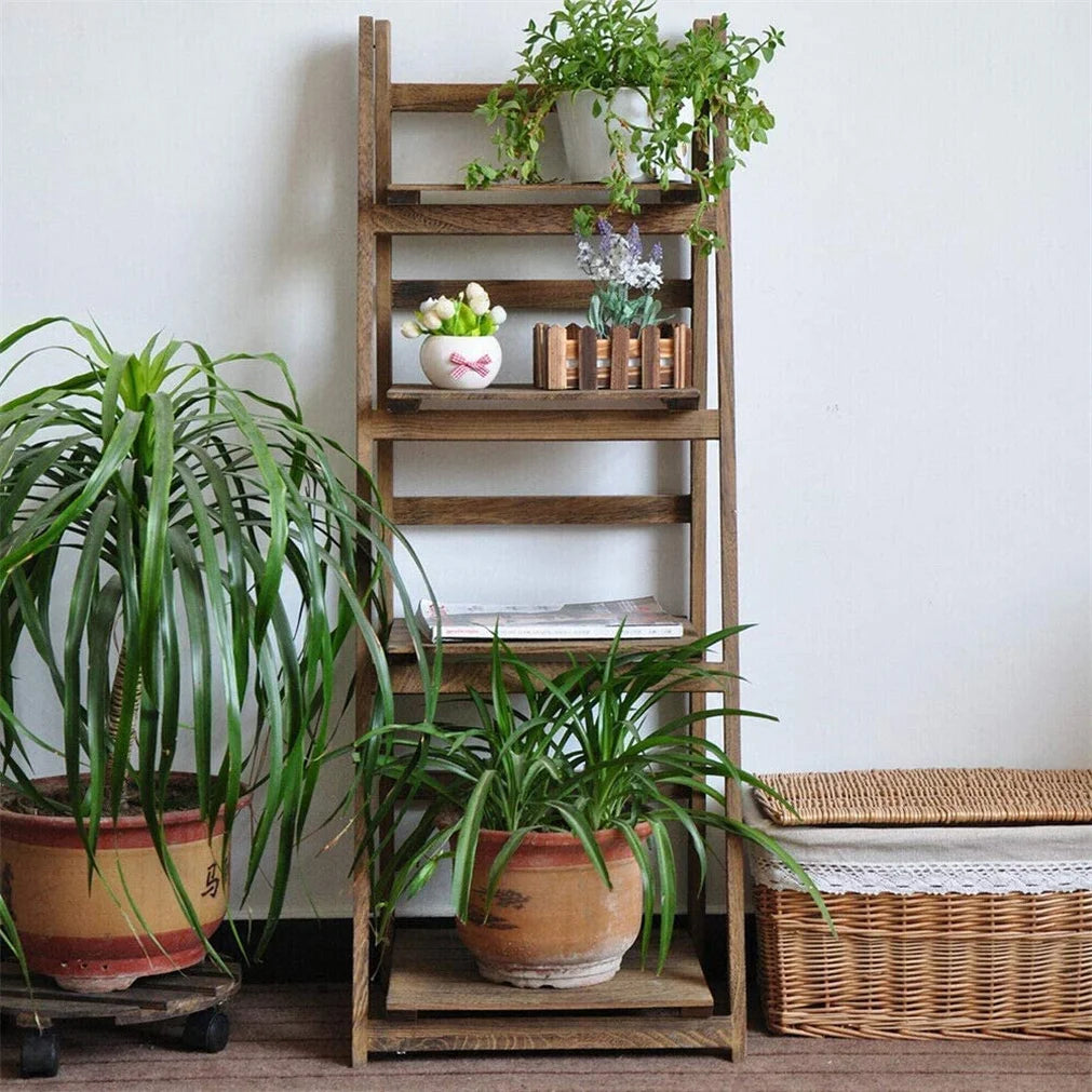 Folding 4 Tier Ladder Shelf Storage Unit Wooden Bookcase Rack