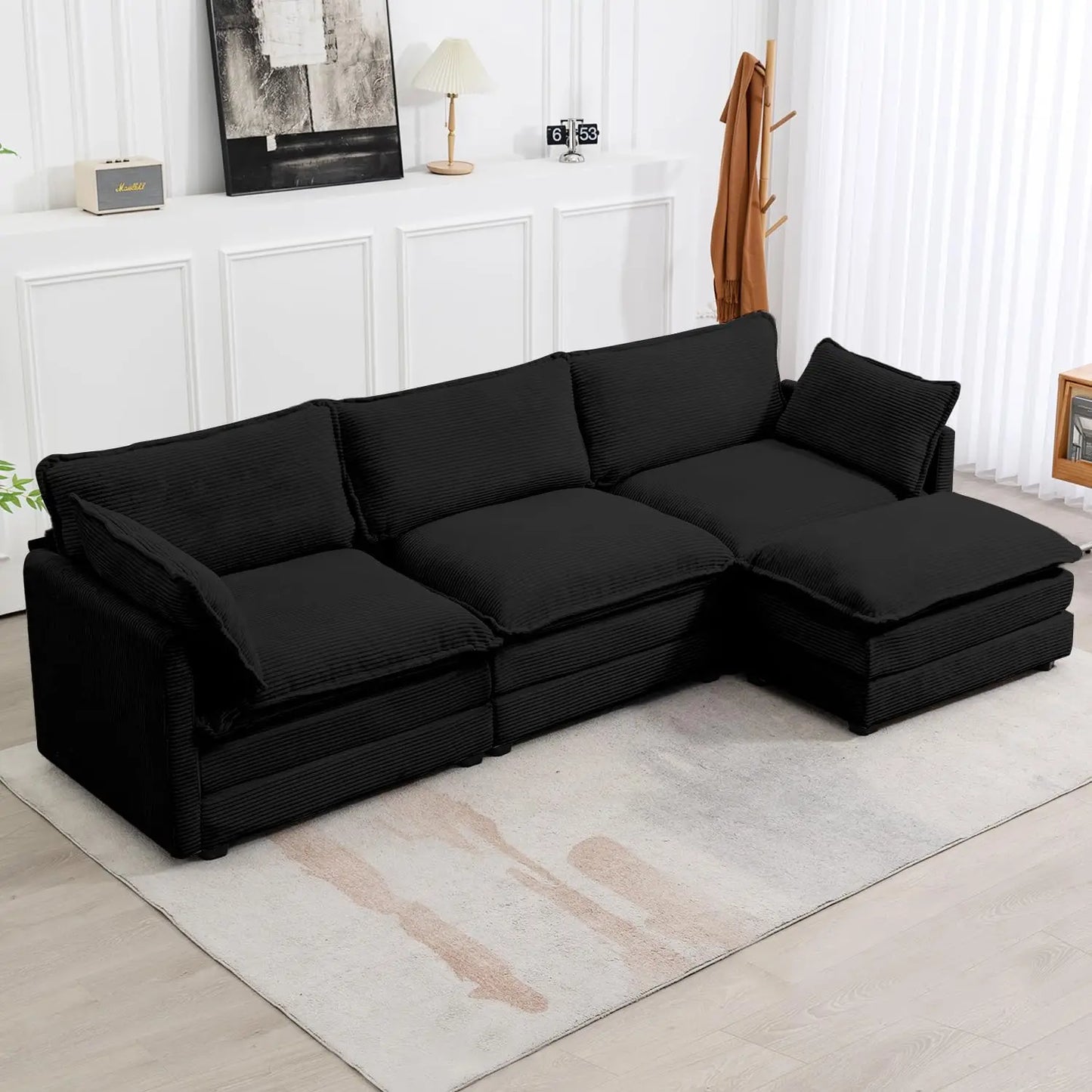 Combination Modular Sectional Sofa With Movable Ottoman L Shape Corduroy