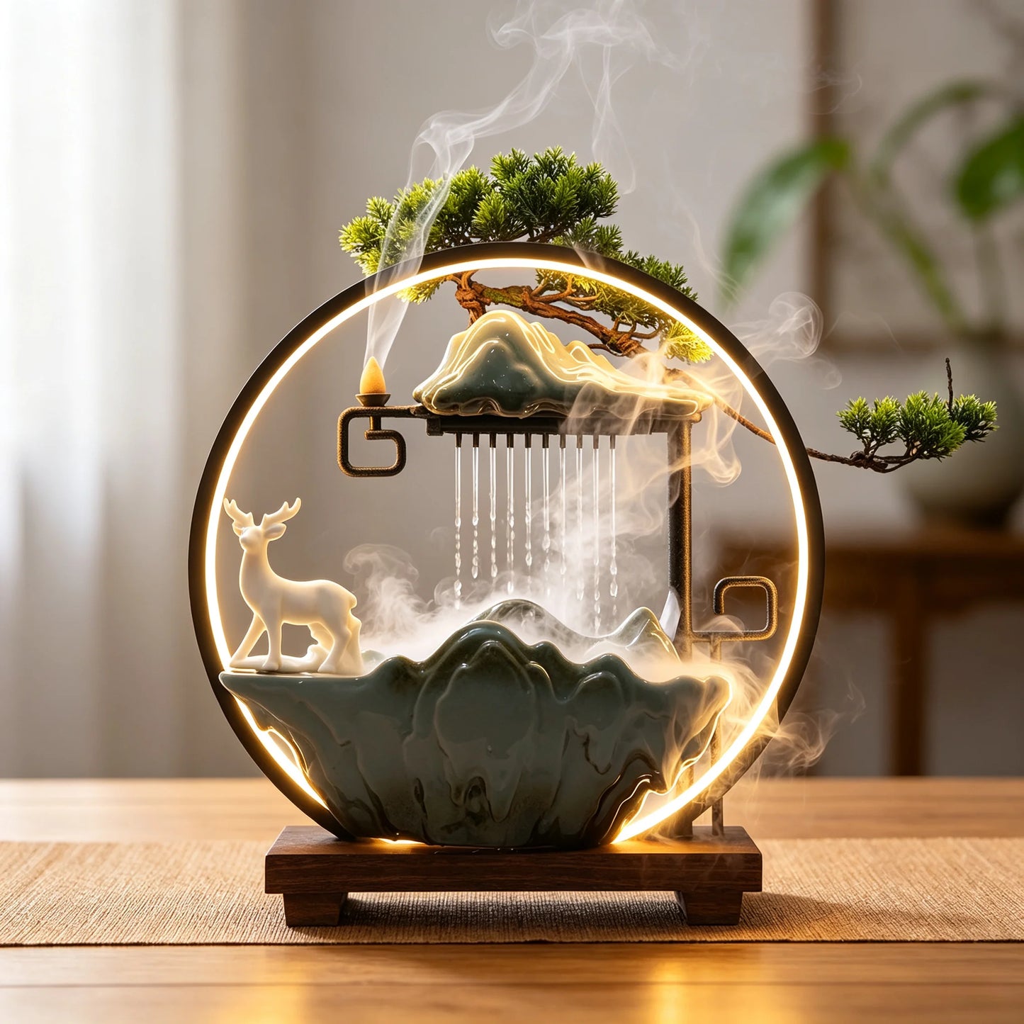Bymaocar Ceramic Tabletop Water Fountain With LED Light Mist Effect
