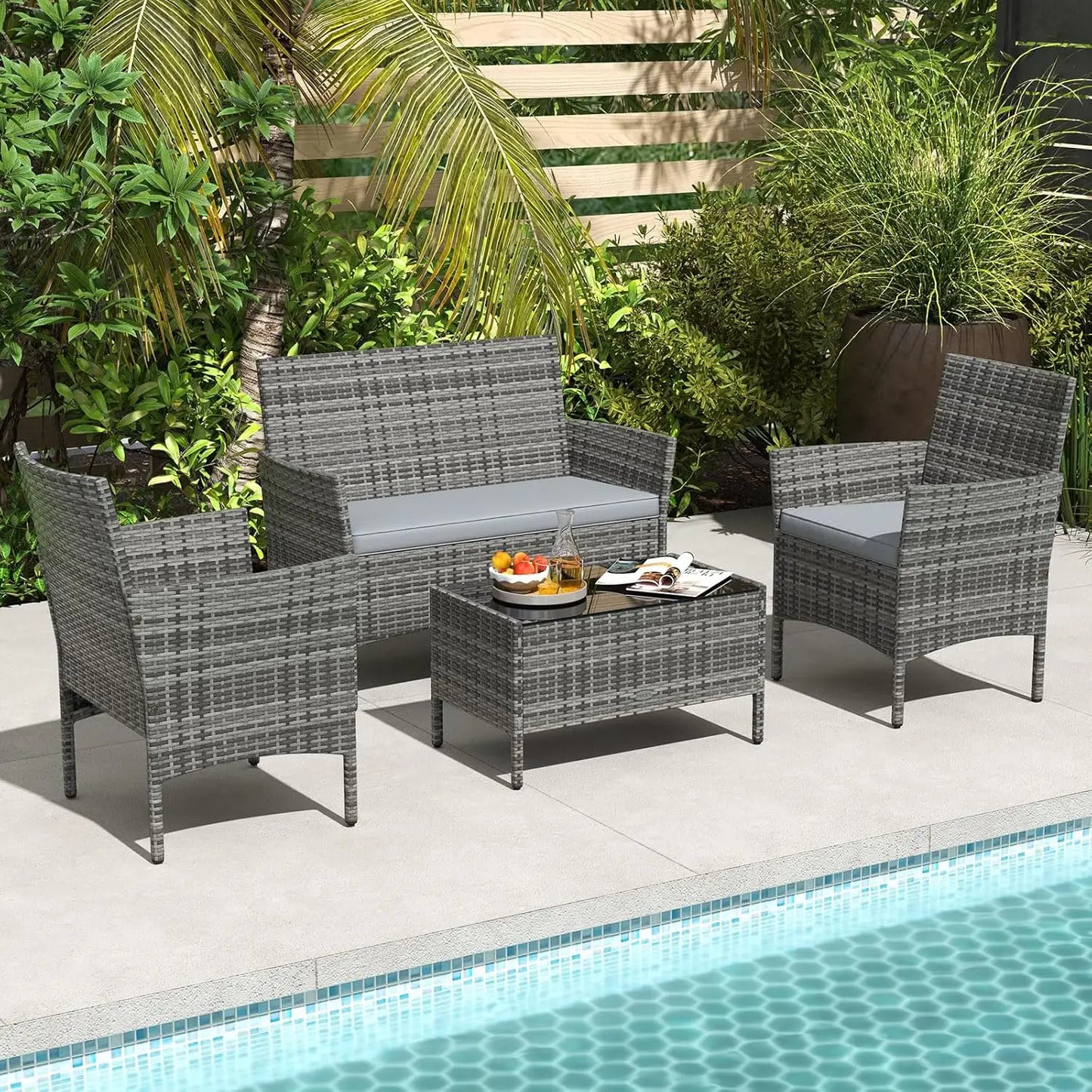 Rattan Outdoor Patio Conversation Set With Cushions And Glass Coffee Table