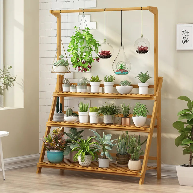Bamboo Folding Plant Stand 3 Tier For Indoor And Outdoor Use