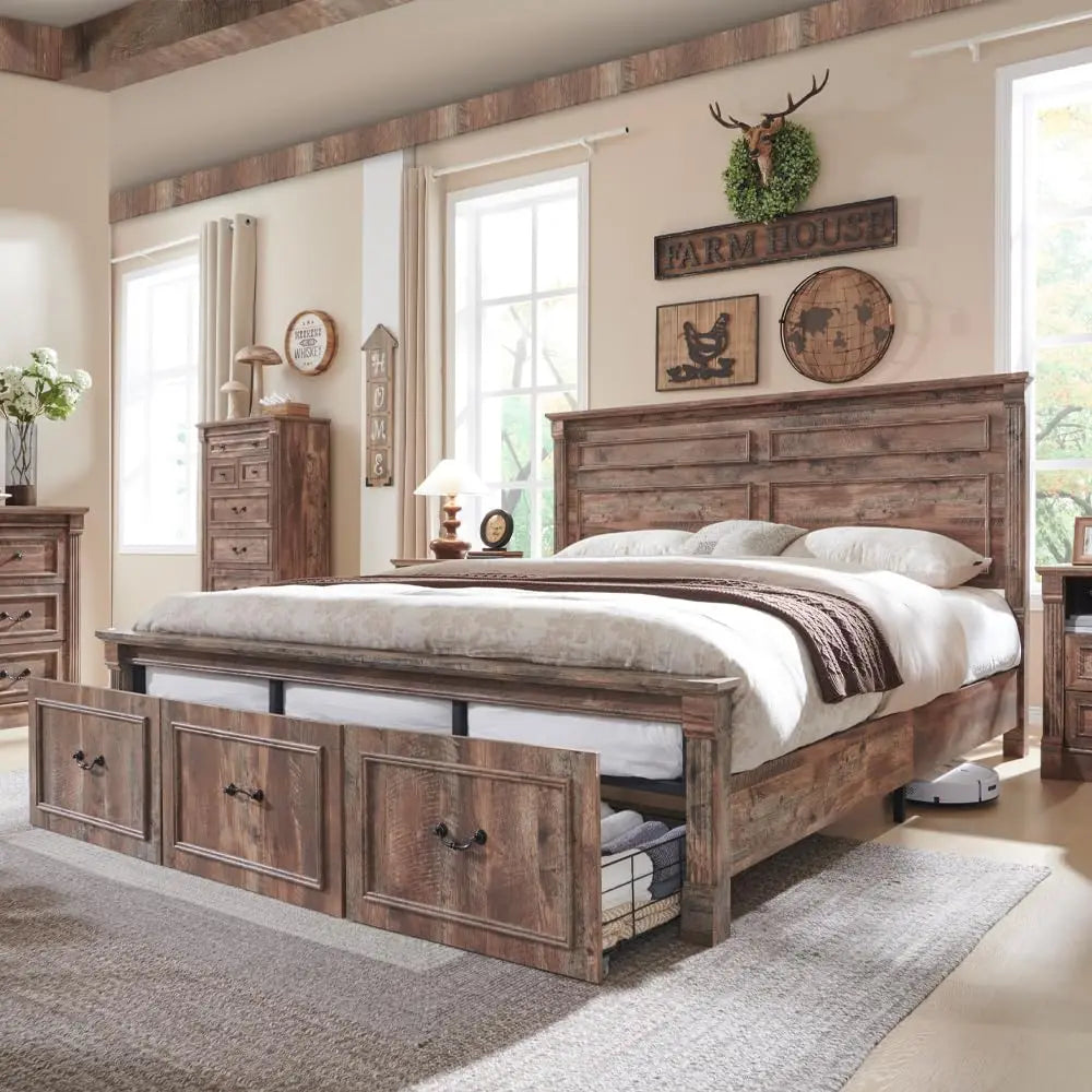 Farmhouse Bed Frame With Storage Drawers Wood Platform