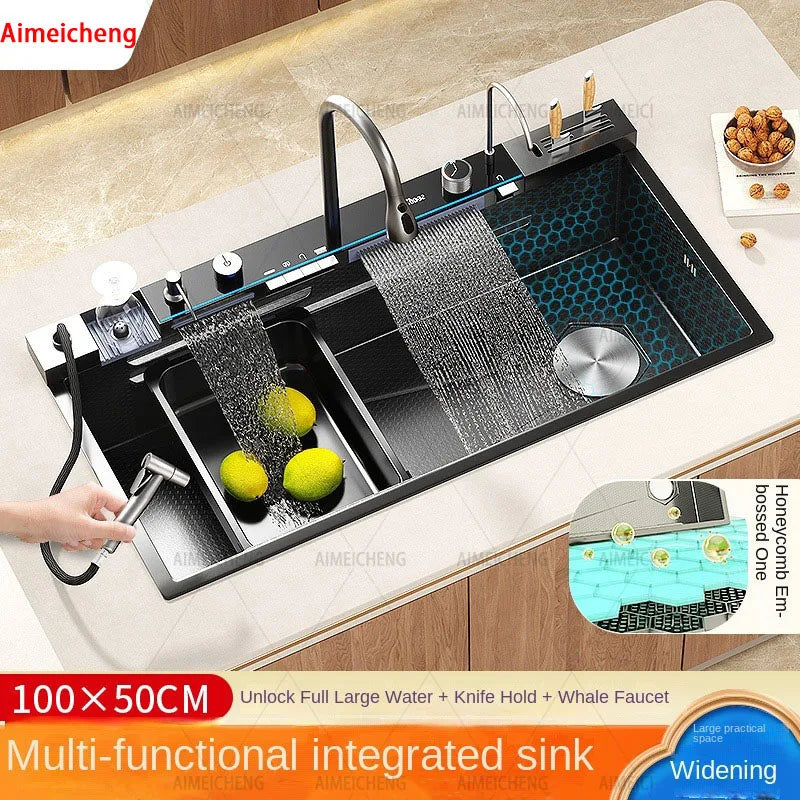304 Stainless Steel Kitchen Waterfall Sink Digital Display Large Single Sink Dish Basin Sink With Multifunction Touch Waterfall