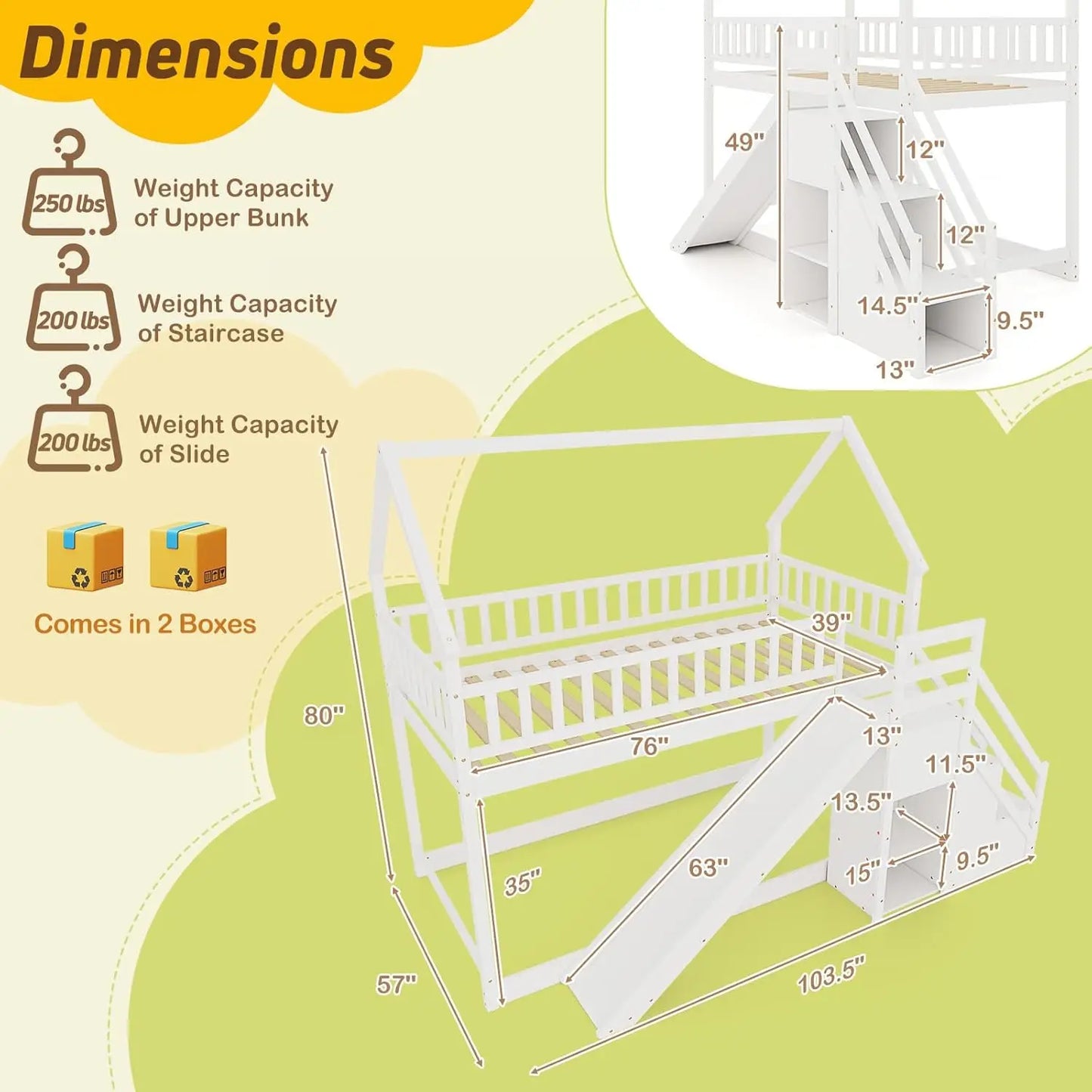 Wood Twin Over Twin Bunk Bed With Slide And Staircase