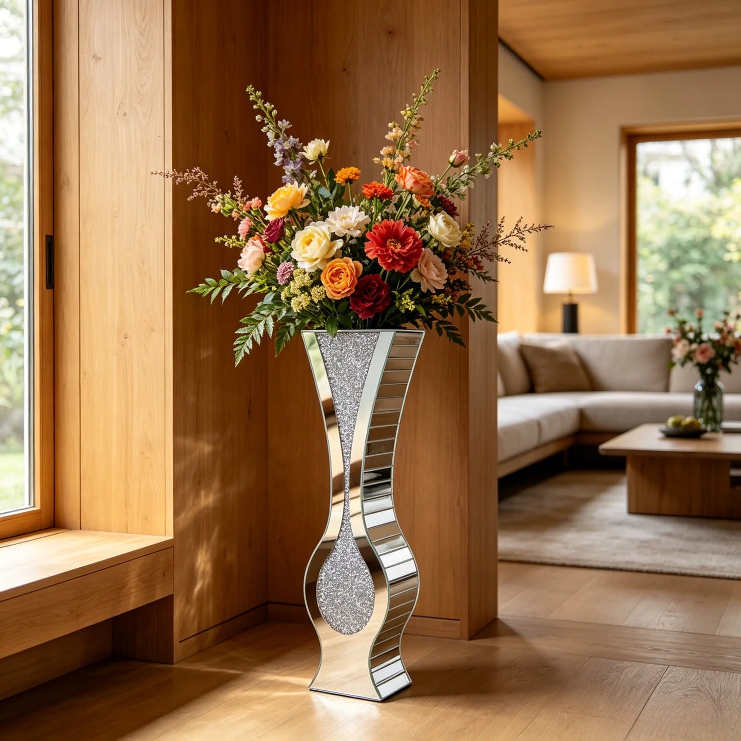 Floor Mirrored Vase Crushed Diamond Glass Tall Home Decor
